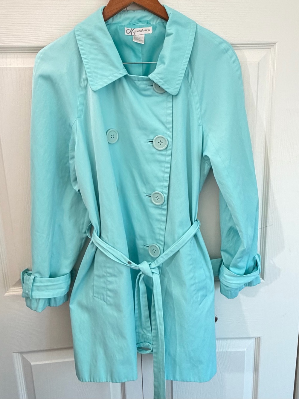 Dressbarn Aqua Turquoise Belted Trench Coat Womens Large Double Breasted jacket